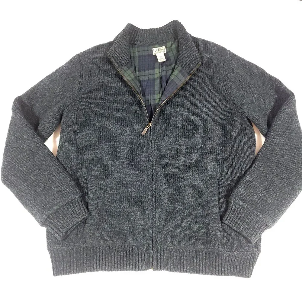 LL Bean Shacket Lambswool Cardigan‎ Sweater XL Blue Green Plaid Flannel Lined